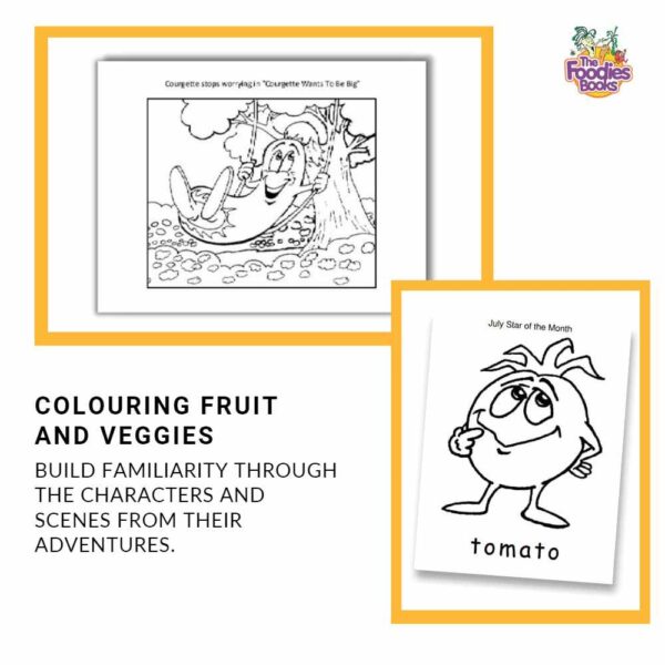 A cutout of The Foodies seasonal food fruit and vegetable colouring book for kids, showing the colouring pages for the fruit and veggie cartoon characters that will help children build familiarity with foods.