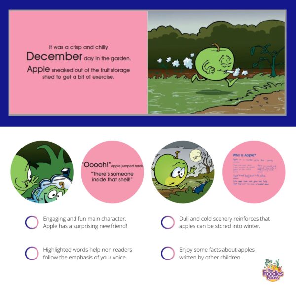 Infographic about the content of The Foodies Books December veggie patch story - showing the engaging fruit and veggie characters, highlighted words for non readers, seasonal scenery and veggie facts written by kids. Images show samples of pages from the December book.
