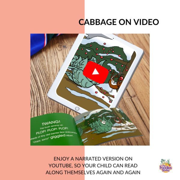 Infographic about the video version of The Foodies Books February veggie patch book - showing that children can read along to this book using the video voiceover as often as they like. Image shows a tablet with the February video running and an open February book.