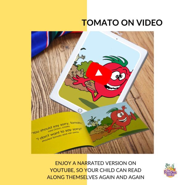 Infographic about the video version of The Foodies Books July veggie patch book - showing that children can read along to this book using the video voiceover as often as they like. Image shows a tablet with the July video running and an open July book.