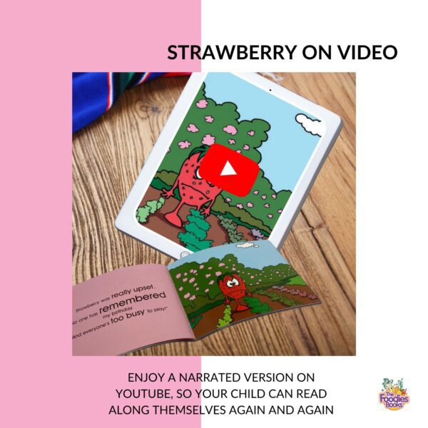 Infographic about the video version of The Foodies Books June veggie patch book - showing that children can read along to this book using the video voiceover as often as they like. Image shows a tablet with the June video running and an open June book.
