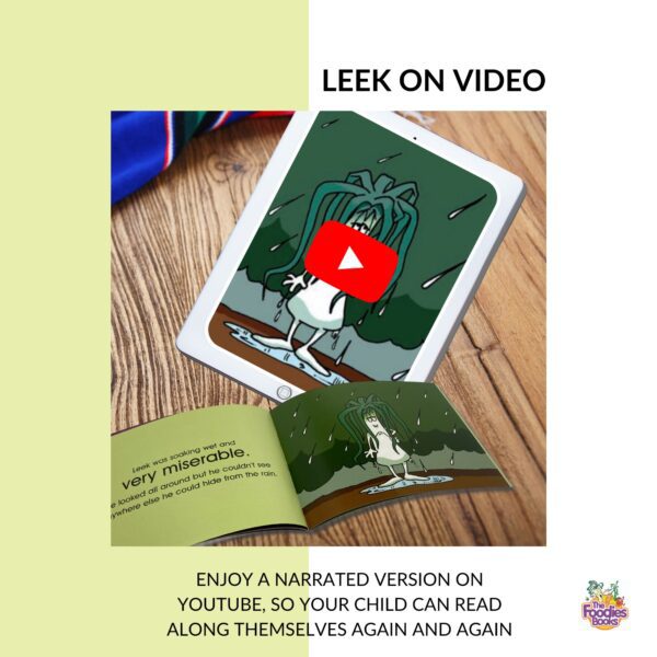 Infographic about the video version of The Foodies Books March veggie patch book - showing that children can read along to this book using the video voiceover as often as they like. Image shows a tablet with the March video running and an open March book.