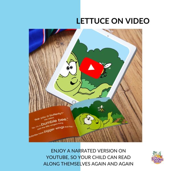 Infographic about the video version of The Foodies Books May veggie patch book - showing that children can read along to this book using the video voiceover as often as they like. Image shows a tablet with the May video running and an open May book.