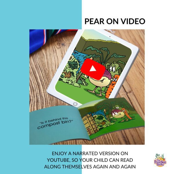 Infographic about the video version of The Foodies Books November veggie patch book - showing that children can read along to this book using the video voiceover as often as they like. Image shows a tablet with the November video running and an open November book.