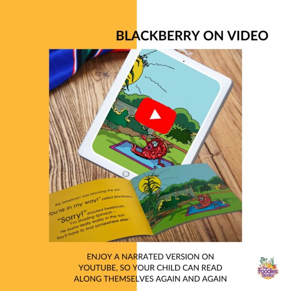Infographic about the video version of The Foodies Books September veggie patch book - showing that children can read along to this book using the video voiceover as often as they like. Image shows a tablet with the September video running and an open September book.