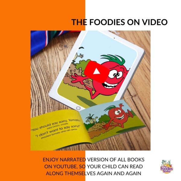 Infographic about the video versions of The Foodies Books veggie patch books - showing that children can read along to the books using the video voiceovers as often as they like. Image shows a tablet with the video running and an open book.