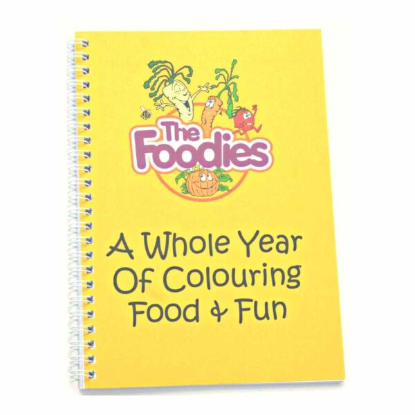 A cutout of The Foodies seasonal vegetable colouring book for kids, just the cover on a white background.