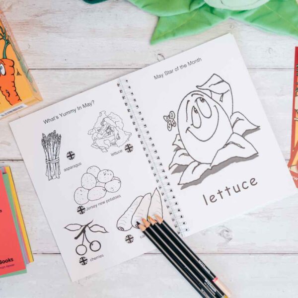 A flatlay image of The Foodies seasonal food fruit and vegetable colouring book for kids, showing open pages on a white surface with colouring pencils ready to colour in.