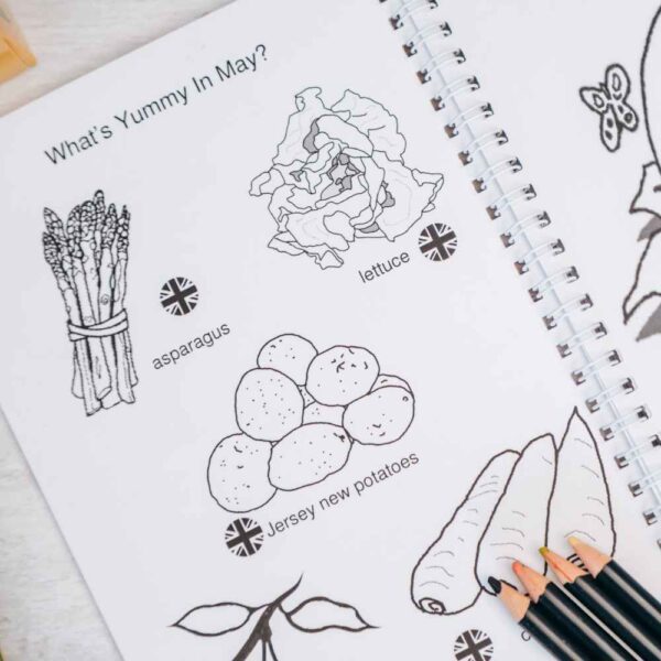A flatlay image of The Foodies seasonal food fruit and vegetable colouring book for kids, just the May food page showing some seasonal foods and symbols about where they come from in the world.