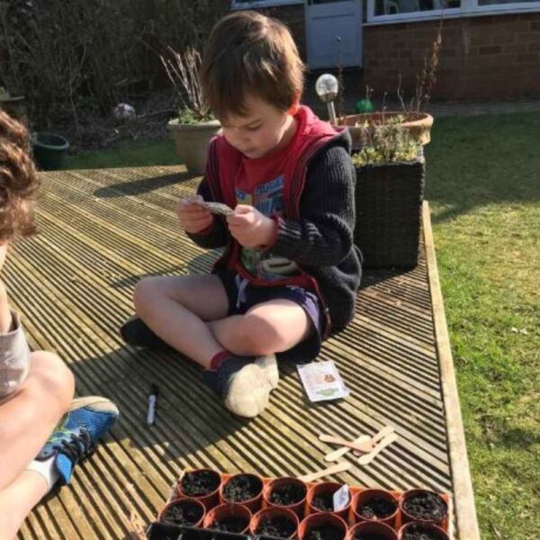 The Little Foodies Club food programme for kids, image of a child reading a seed packet in front of seed pots ready to plant vegetables