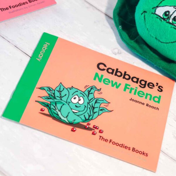 A flatlay image of the book Cabbage's New Friend – The Foodies veggie patch story for February, on a worktop background.
