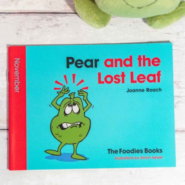 A flatlay image of the book Pear And The Lost Leaf – The Foodies veggie patch story for November, on a worktop background.