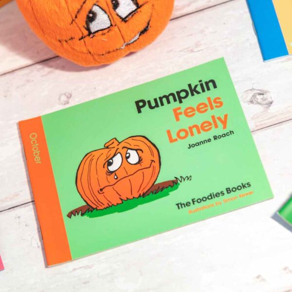 A flatlay image of the book Pumpkin Feels Lonely – The Foodies veggie patch story for October, on a worktop background.