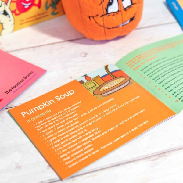 An image of an open book of Pumpkin Feels Lonely – The Foodies veggie patch story for October, with the pages open to the children's recipe at the back