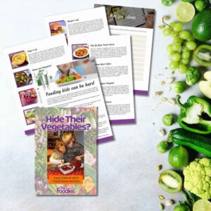 Flatlay style sales image showing some sample pages of the download of Hide Vegetable? Pack Them In Instead Guide