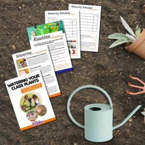 Flatlay style sales image showing some sample pages of the download of Watering Plants in Class.